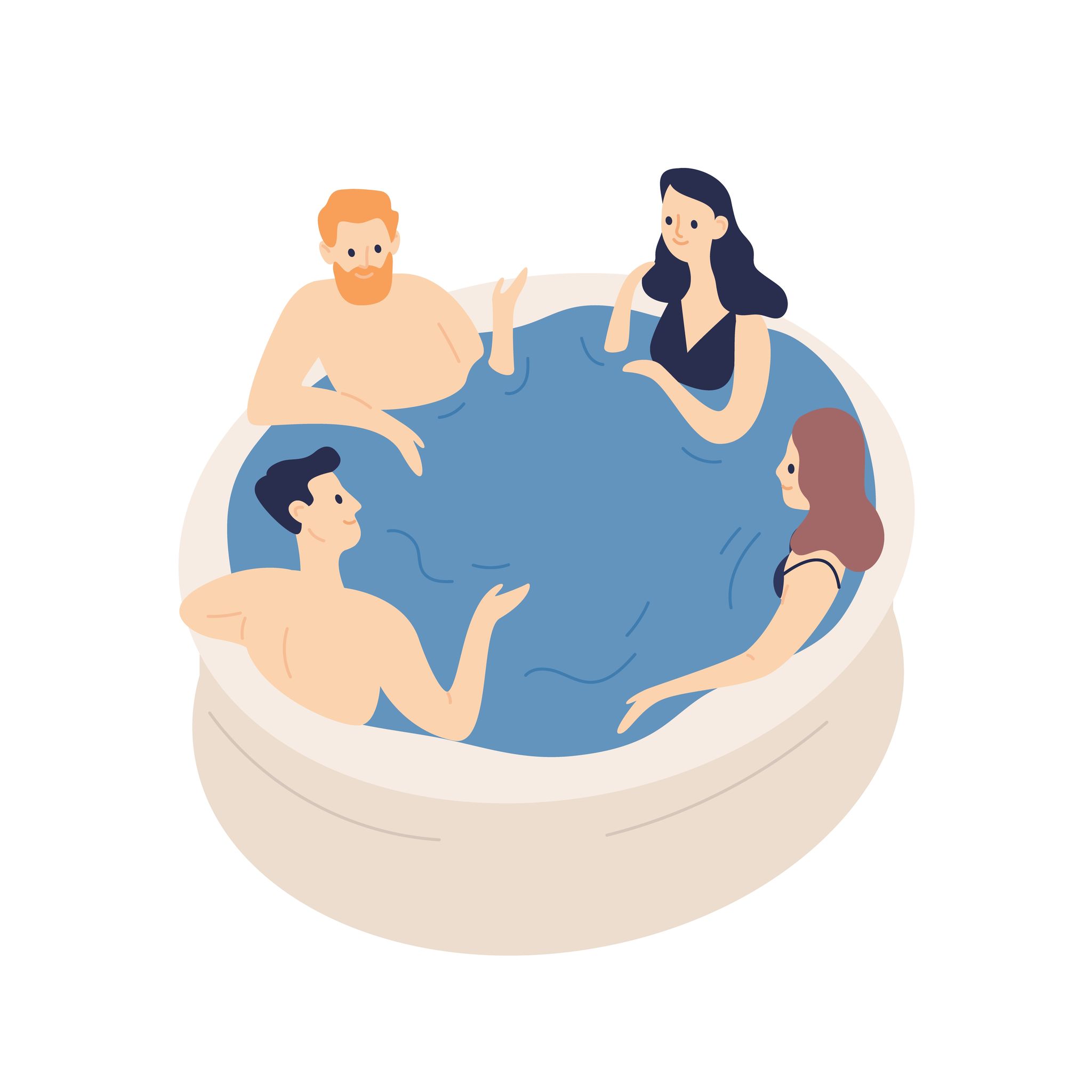 Group of smiling friends relaxing in jacuzzi vector flat illustration. Cartoon positive people in swimming pool isolated on white background. Concept of recreation leisure and communication.